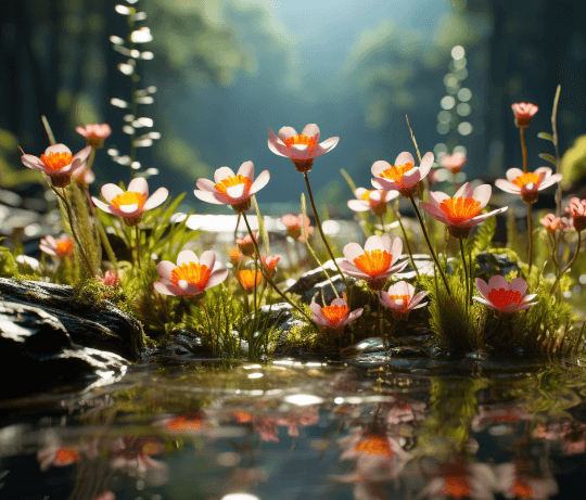 Fleurs au bord d'une rivière, représentant la collection de faux ongles adhésifs réutilisable nature