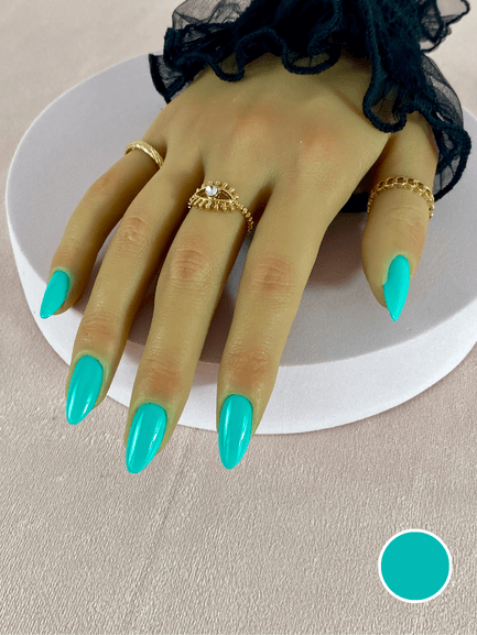 Faux ongles réutilisables à coller avec des adhésifs, bleu turquoise avec finition brillante, une couleur parfaite pour l'été !