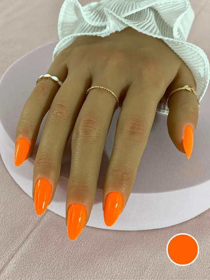 Faux ongles réutilisables à coller avec des adhésifs, couleur orange fluo, en forme d'amande et finition brillante.