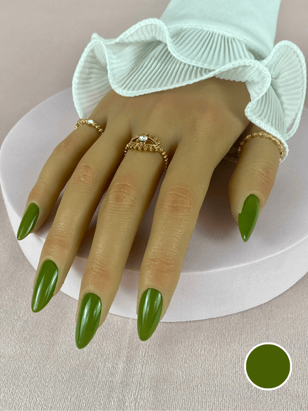 Faux ongles réutilisables à coller, couleur vert olive, en forme d'amande, avec un fini brillant pour un look sophistiqué et tendance.